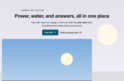 A utility company page that uses every section type: hero, banner, cards, price grid, terms.