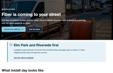 A broadband provider's campaign page: a hero over a suburban street at dusk, a banner naming the first neighborhoods, and three cards about installation day.