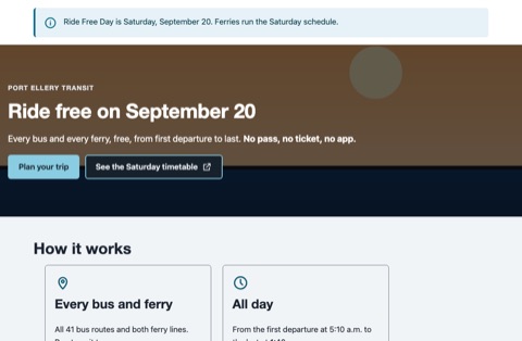 A campaign page for a free transit day: a dark hero with the date, then how it works in three cards.
