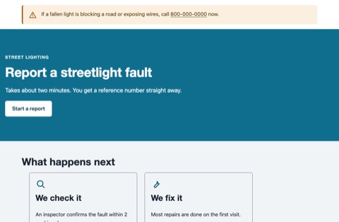 A service page for reporting a streetlight fault: a hero with one action, then what happens next.